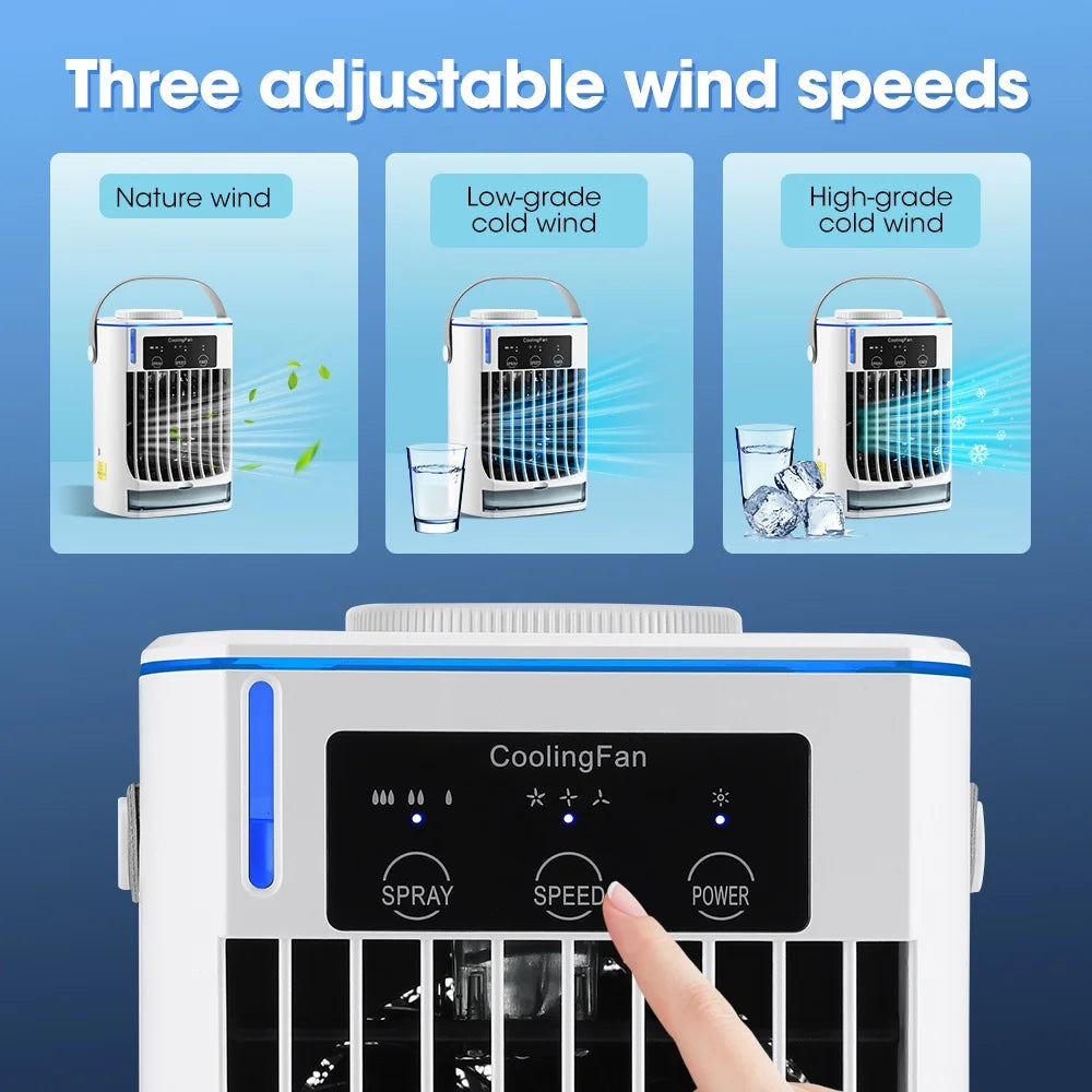Portable air conditioner fan with three adjustable wind speeds: nature wind, low-grade cold wind, and high-grade cold wind