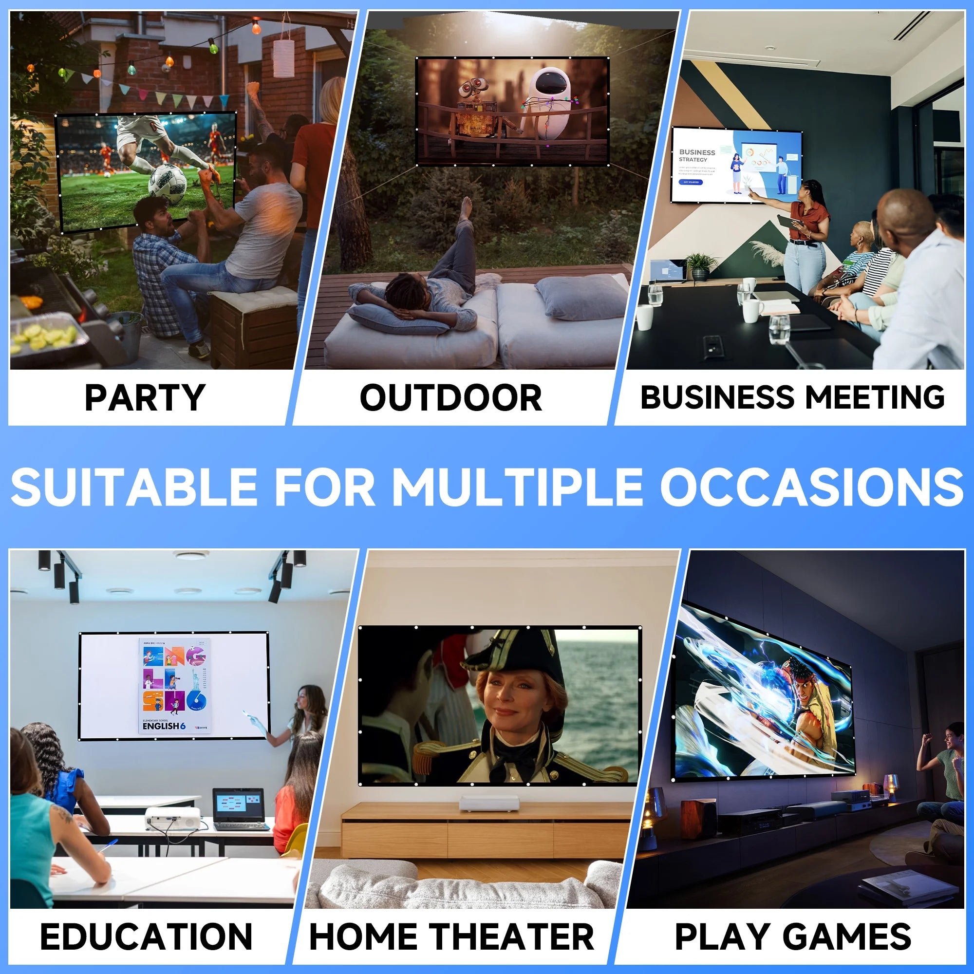 Versatile projector screen shown in multiple scenarios including party, outdoor, business meeting, education, home theater, and gaming