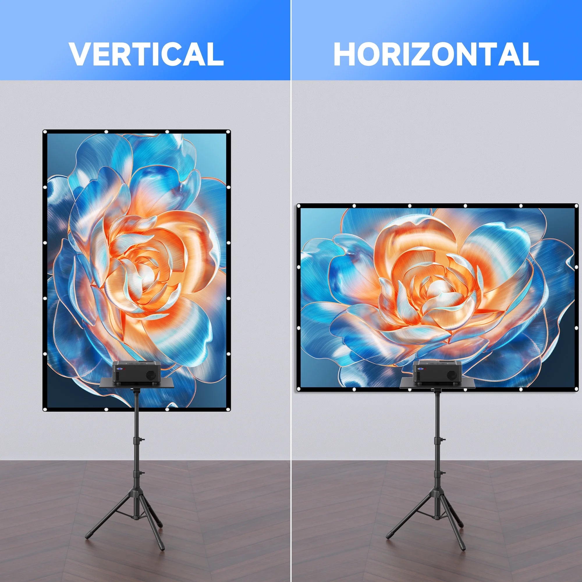 Projection screen displayed in both vertical and horizontal orientations with tripod setup