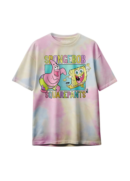 SpongeBob and Patrick graphic on pastel tie-dye girls' T-shirt by Nickelodeon.