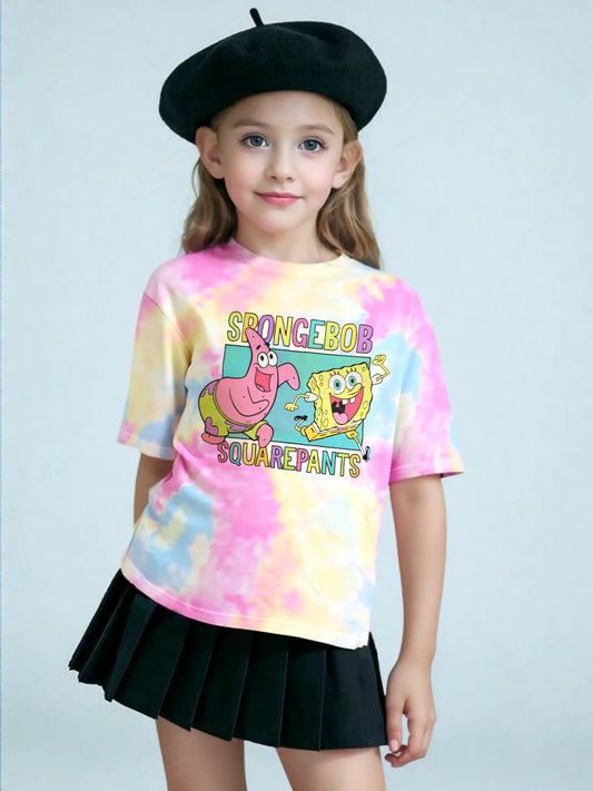 Young girl wearing SpongeBob tie-dye graphic T-shirt with Patrick and SpongeBob print, front view.