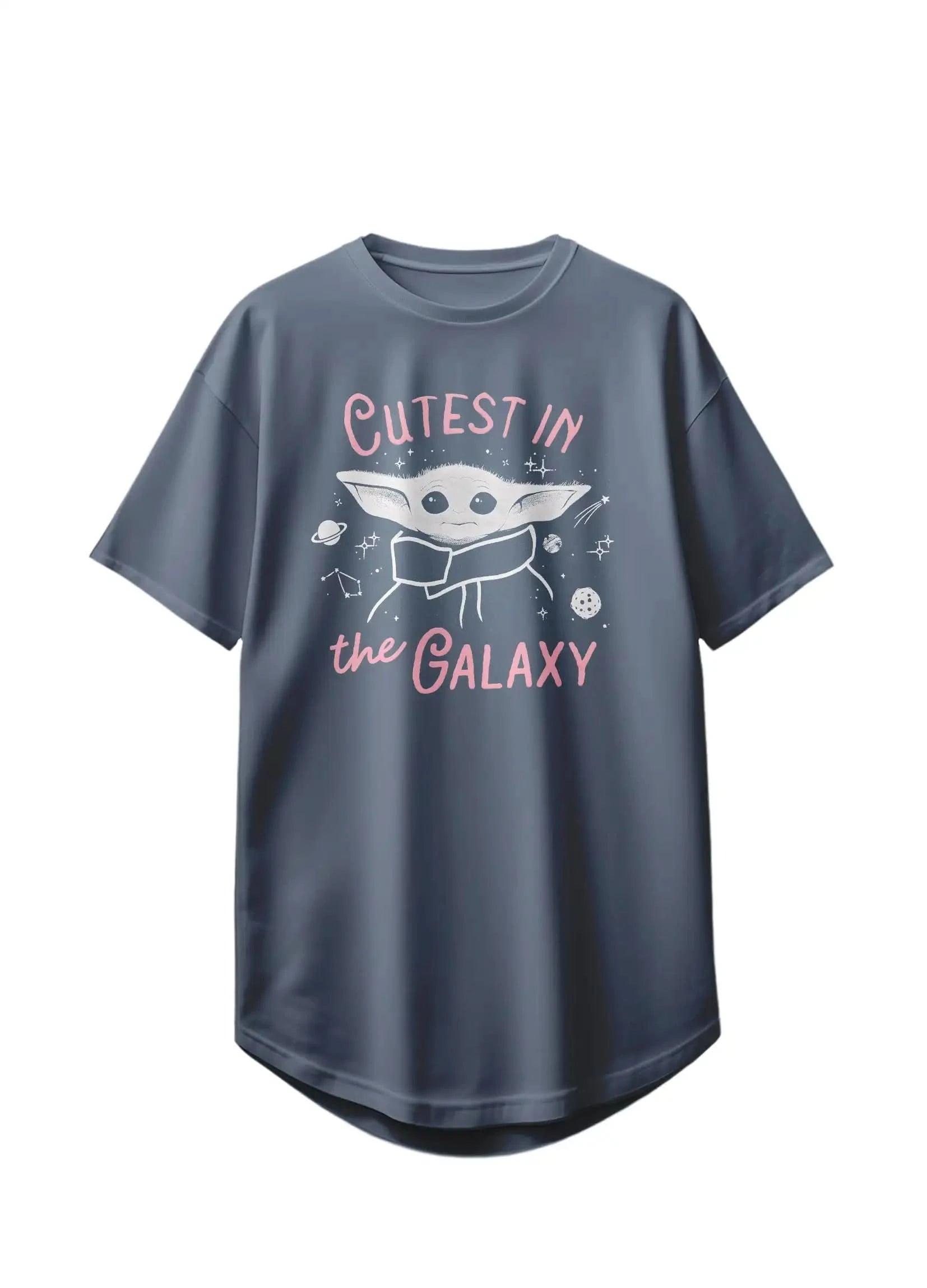 Flat lay of Star Wars™ Grogu slogan t-shirt with “Cutest in the Galaxy” text, unisex fit, navy blue cotton blend.