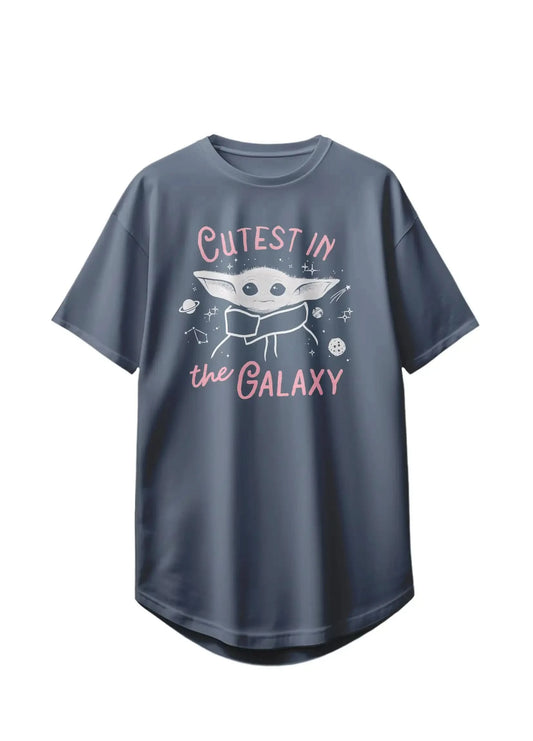 Flat lay of Star Wars™ Grogu slogan t-shirt with “Cutest in the Galaxy” text, unisex fit, navy blue cotton blend.