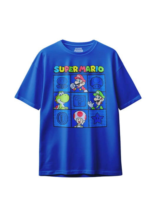 Flat lay of blue Super Mario™ youth graphic tee featuring Mario, Luigi, Yoshi, Toad, and classic symbols in grid design.