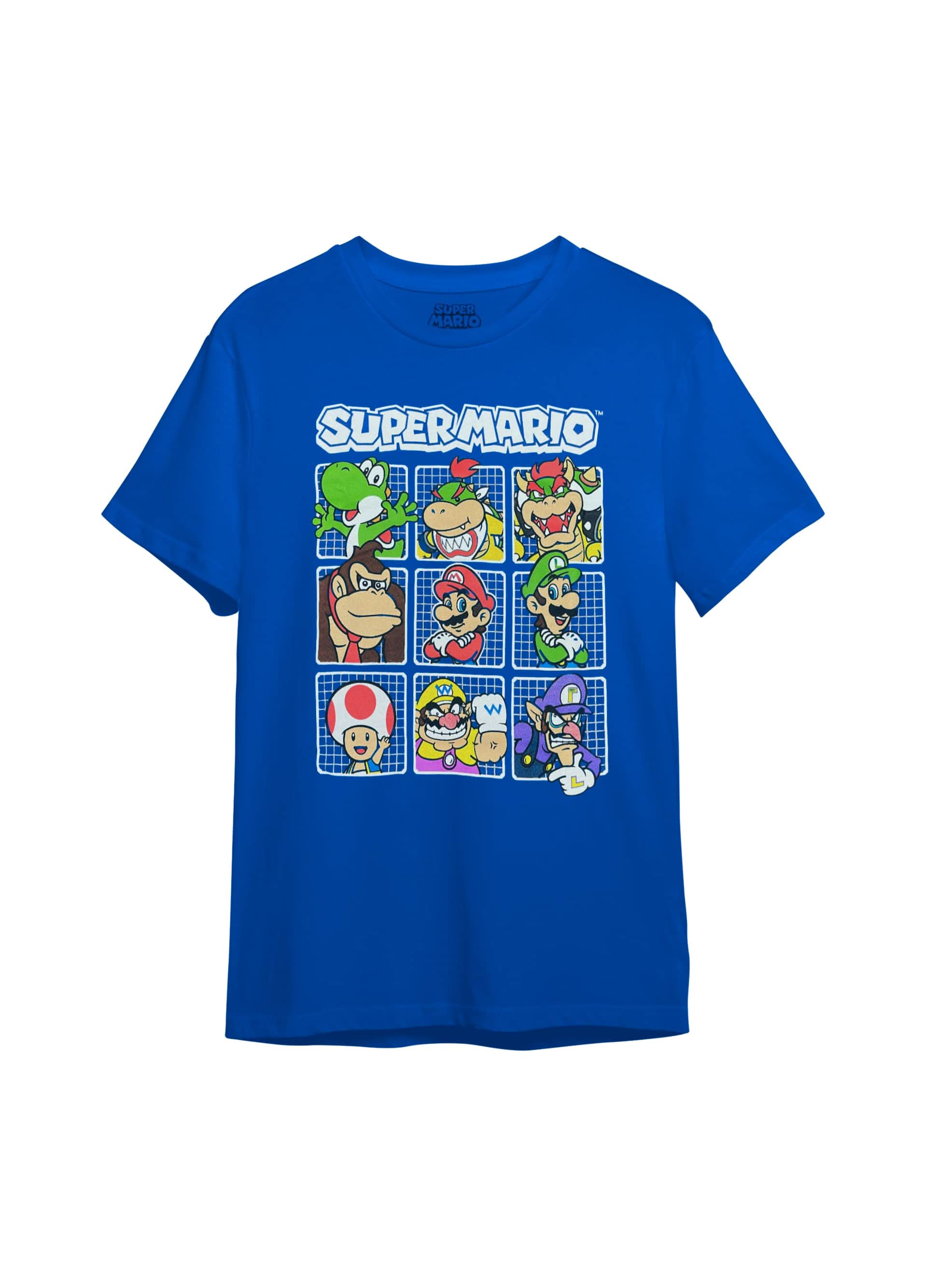 Flatlay of Super Mario™ blue graphic t-shirt featuring Nintendo characters like Mario, Luigi, Yoshi, Bowser, and Donkey Kong – 100% cotton, unisex kids and teen fit.