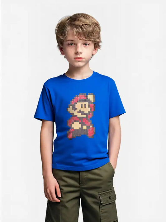 Young boy wearing Super Mario Bros. 3 blue T-shirt with pixel Mario design – 100% cotton gamer tee.