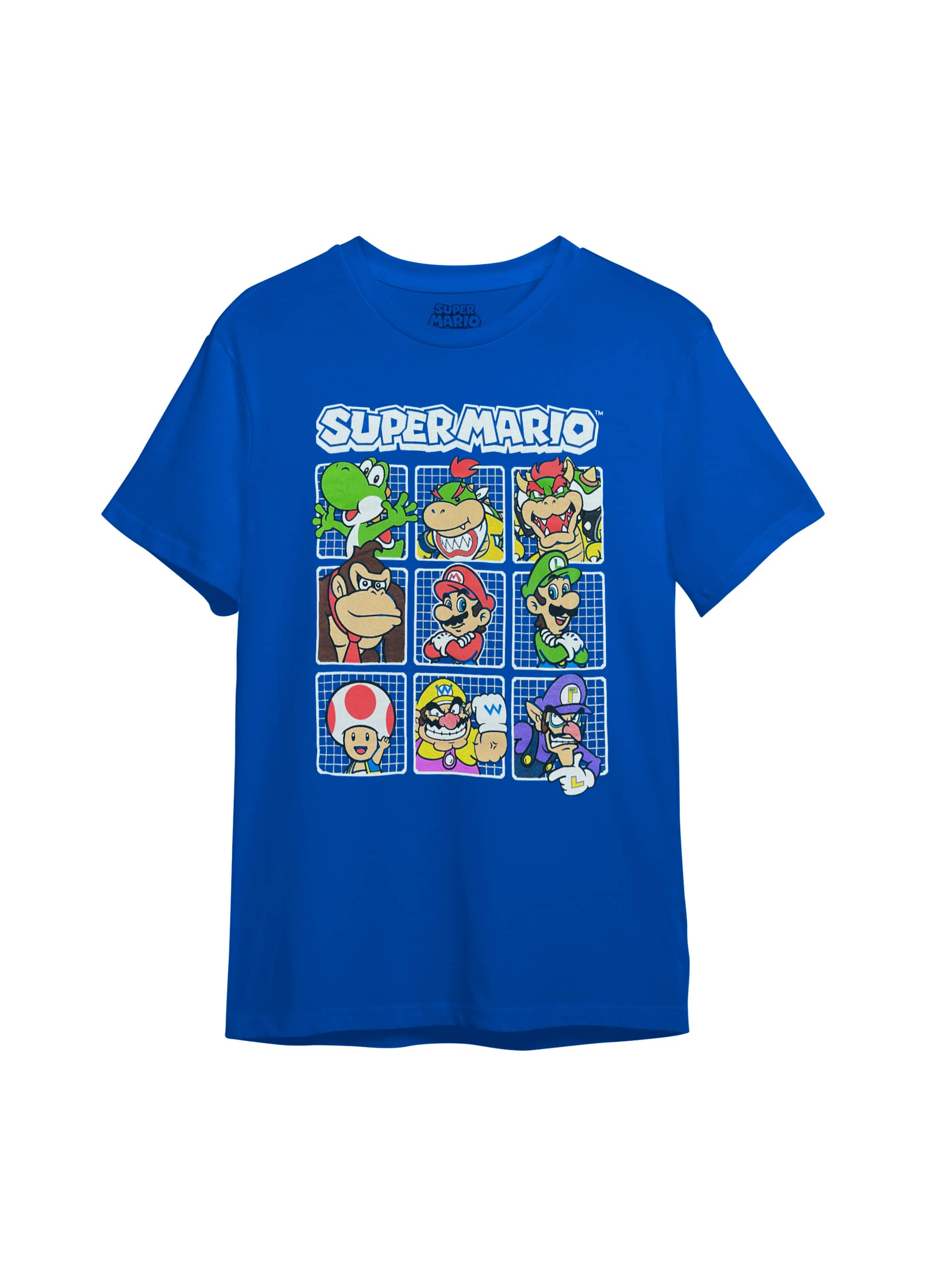 Flatlay of Super Mario™ blue graphic tee featuring iconic Nintendo characters grid print.