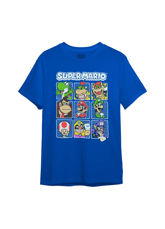 Flatlay of Super Mario™ blue graphic tee featuring iconic Nintendo characters grid print.