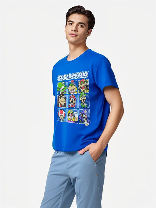 Side view of model wearing Super Mario™ blue graphic tee featuring Nintendo characters grid print.