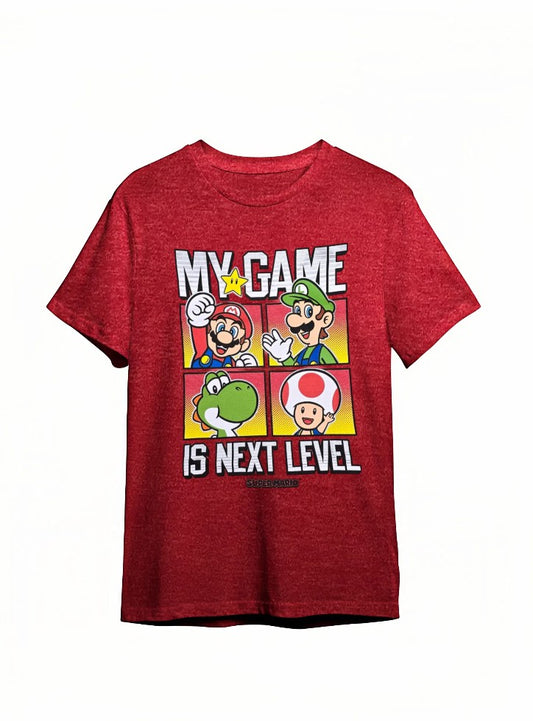 Flat lay of red Super Mario "My Game Is Next Level" graphic tee with character design.