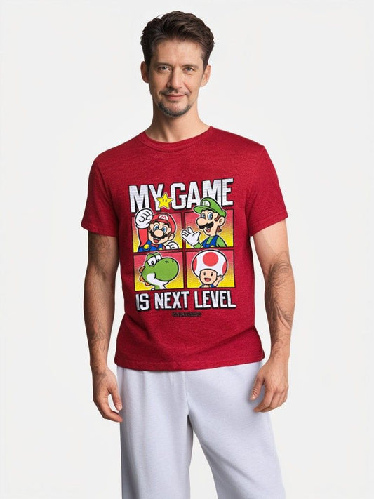 Model wearing red Super Mario "My Game Is Next Level" graphic tee, front view.