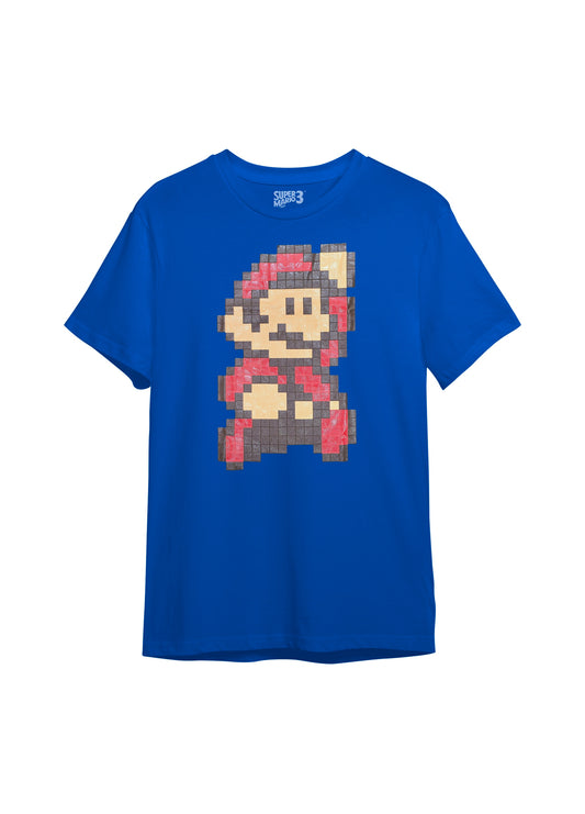 Super Mario blue T-shirt with retro pixel design, flatlay view