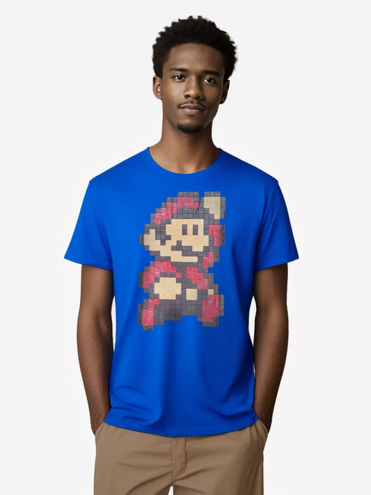 Male model wearing blue Super Mario T-shirt with pixel-style graphic, front view