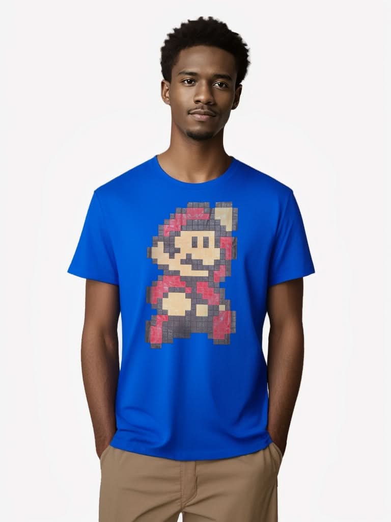 Adult male model wearing Super Mario Bros. 3 blue pixel graphic tee – retro video game shirt for me.
