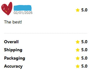 Customer review screenshot with a five-star overall rating and perfect scores across shipping, packaging, and accuracy.