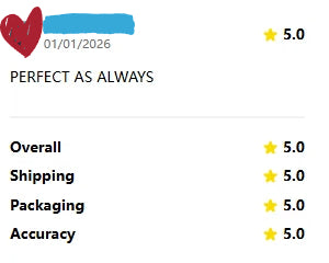 Five-star customer review screenshot with perfect ratings across shipping, packaging, and accuracy.