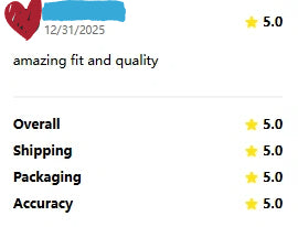 Customer review screenshot praising fit and quality with five-star ratings across all categories.