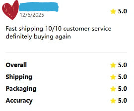Customer review screenshot showing a five-star rating with praise for fast delivery and customer support.