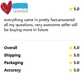 Five-star customer review screenshot highlighting fast shipping, responsive service, and overall satisfaction.