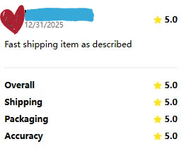 Customer review screenshot praising fast shipping and items delivered as described, with five-star ratings across all categories.