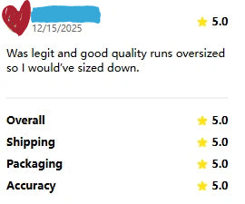 Customer review screenshot showing five-star ratings with feedback about good quality and oversized fit.