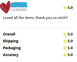 Customer review screenshot showing five-star ratings and positive feedback expressing satisfaction with all items received.