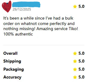 Verified customer review screenshot showing positive bulk order experience with Tikooo Warehouse on Whatnot, including shipping speed and order accuracy.