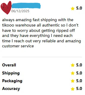 Customer review screenshot sharing a positive repeat purchase experience with Tikooo Warehouse, highlighting fast shipping, reliability, and customer support.