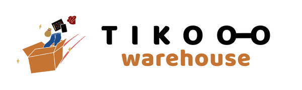Tikooo Warehouse logo with a flying mystery box, illustrated items, and bold text in black and orange on a white background.