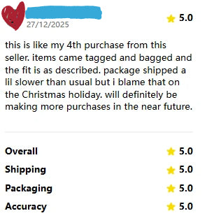 Customer review screenshot from a repeat buyer showing positive resale order experience with Tikooo Warehouse, including packaging quality and order accuracy.