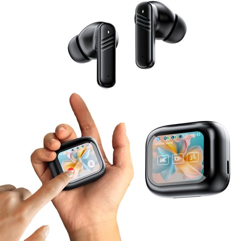 Smart touchscreen wireless earbuds with full-color LED display charging case