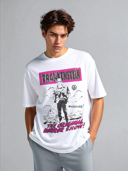 Model wearing Universal Monsters Frankenstein graphic tee – side view showing fit and vintage horror design.