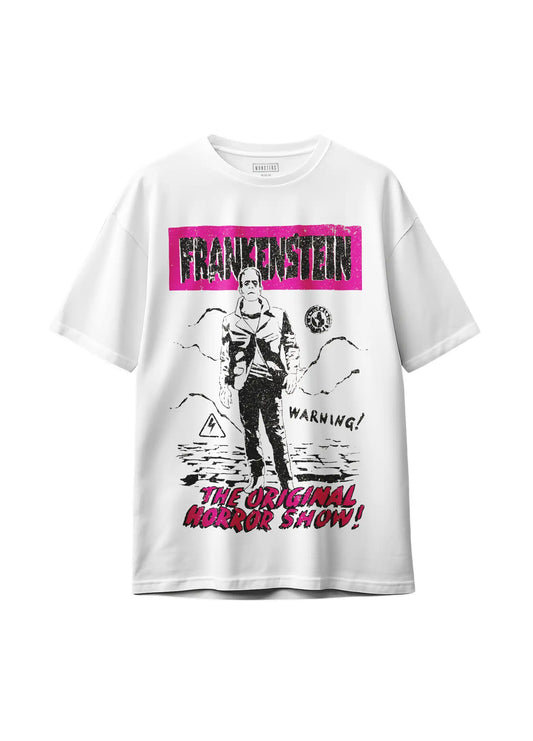 Universal Monsters Frankenstein graphic tee featuring vintage horror poster design with bold pink highlights – front view