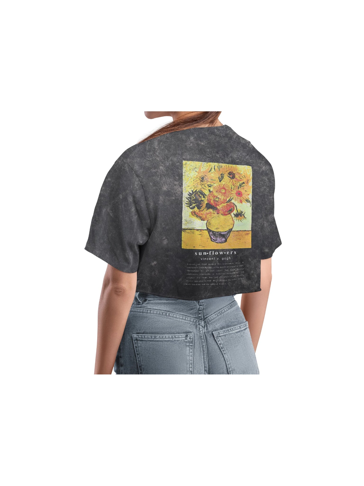 Model wearing black cropped tee with Van Gogh Sunflowers artwork on the back