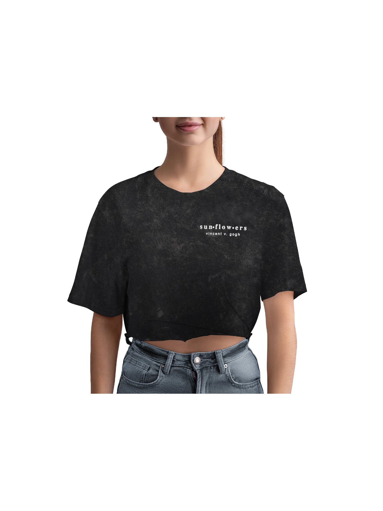 Model wearing cropped black tee with Van Gogh Sunflowers text on front chest