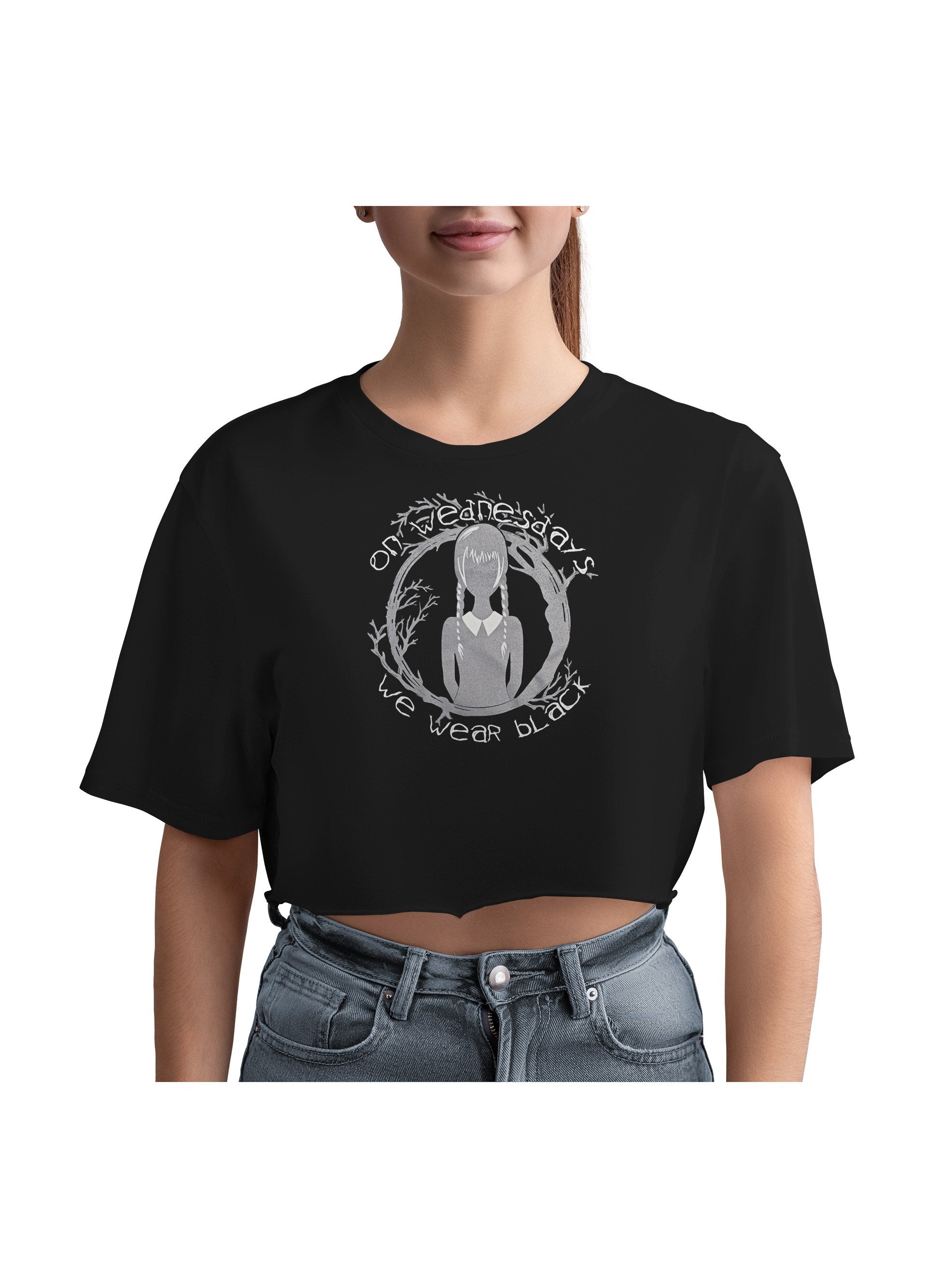 Front view of oversized black crop tee with Wednesday Addams gothic print