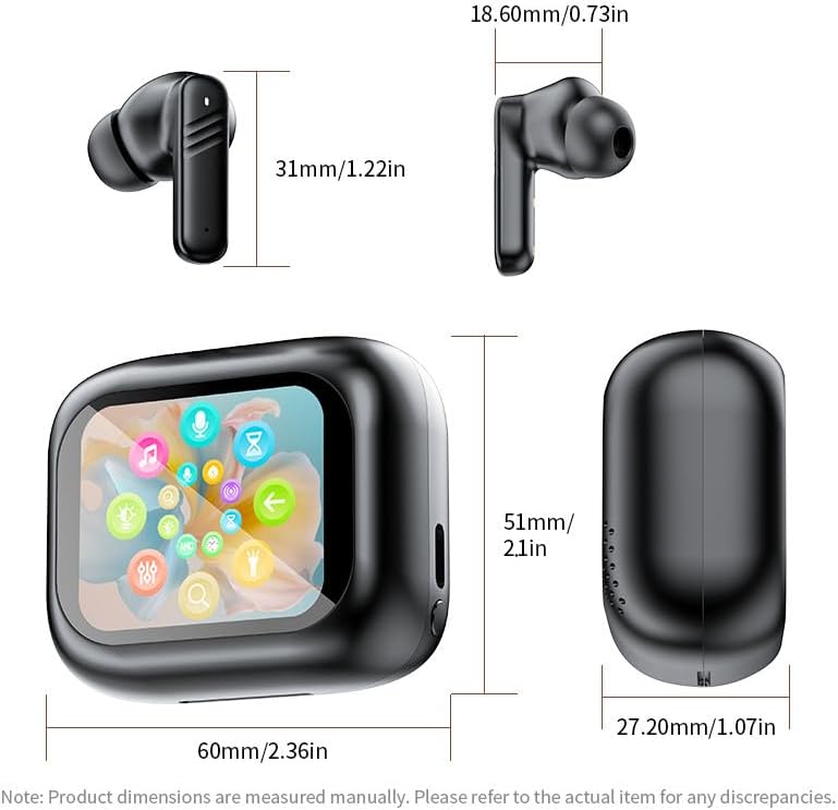 Dimensions of wireless earbuds and smart touchscreen case