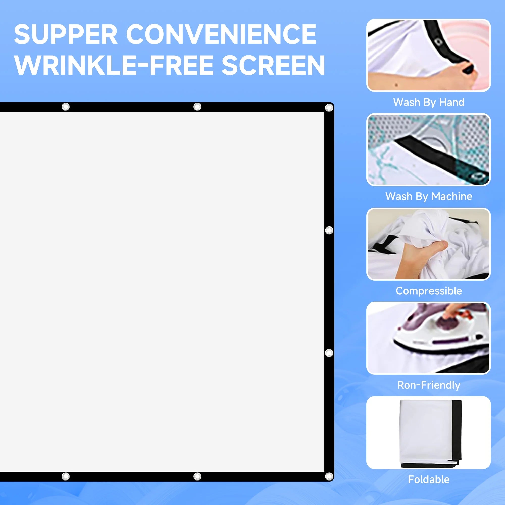 Wrinkle-free projector screen with features including hand wash, machine wash, compressibility, and foldability